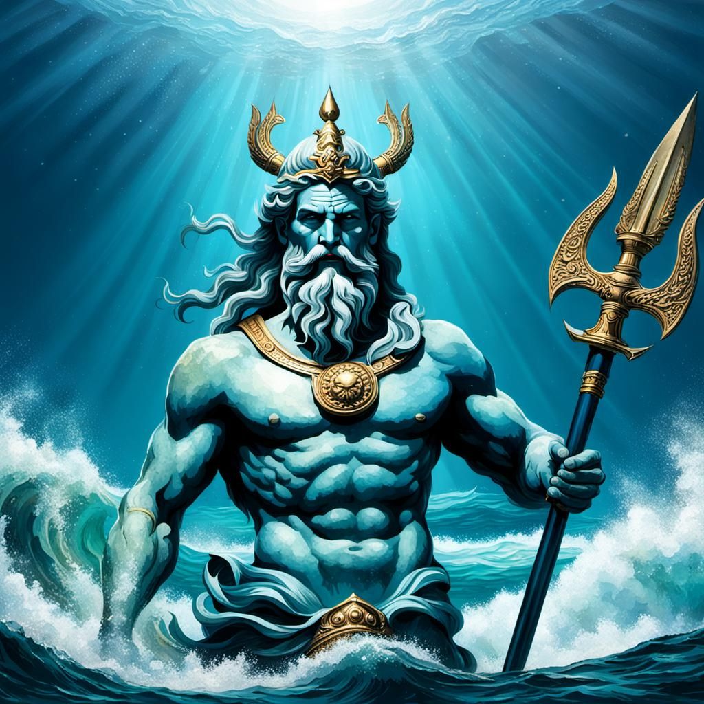Neptune the god rising from the sea holding a trident spear