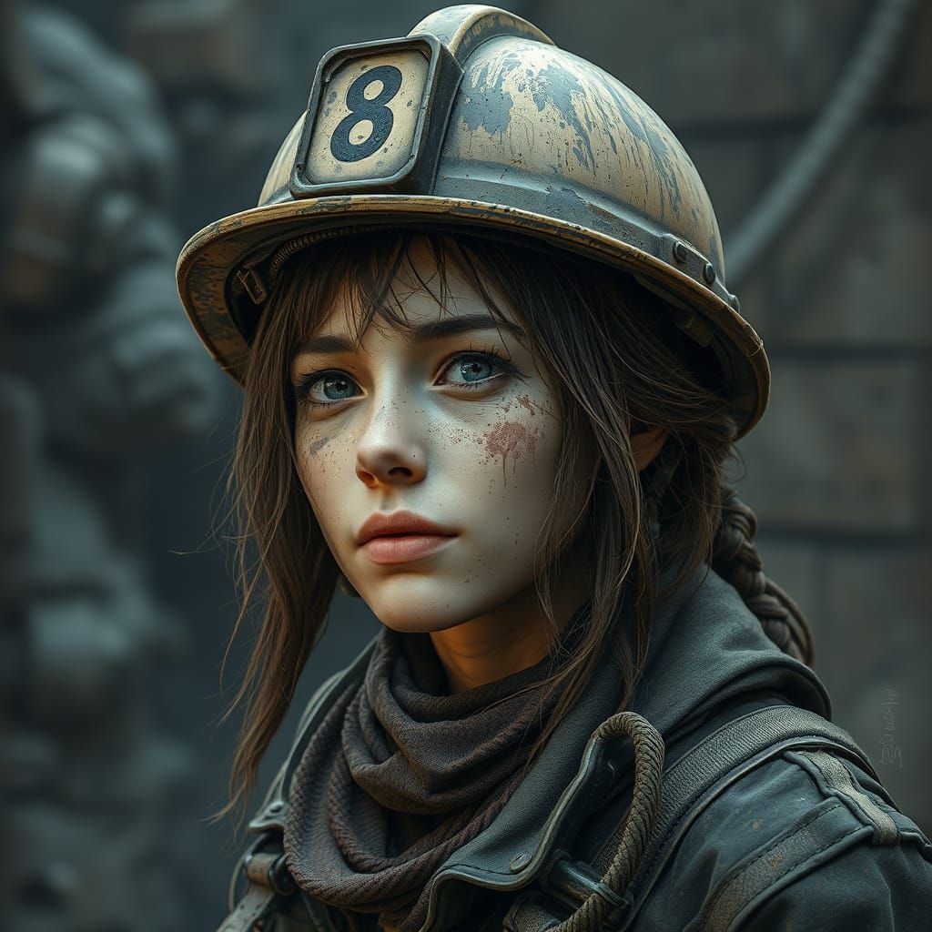 A female miner, dirty-faced, with the number 8 on her safety helmet   by @Geofranz-Italy