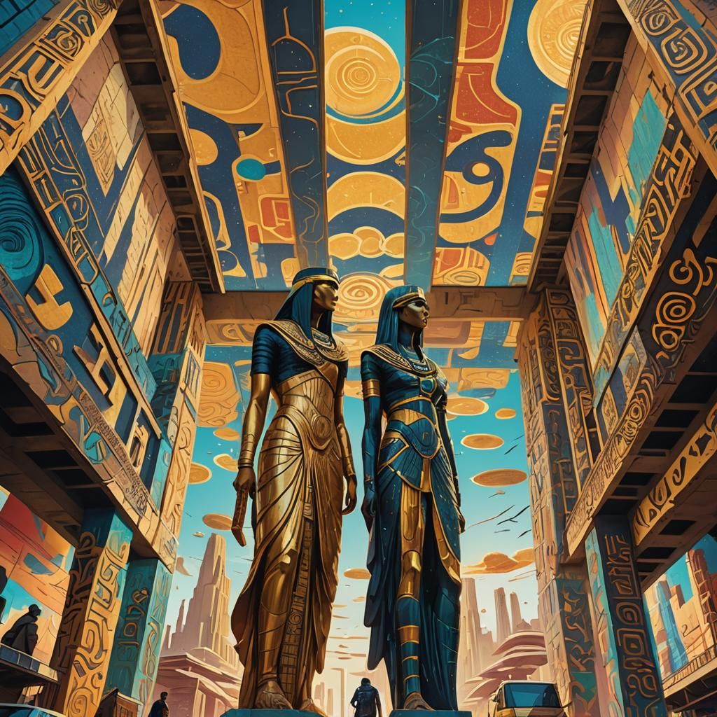 ra isis Thoth as large gold and color paintings on towering ...