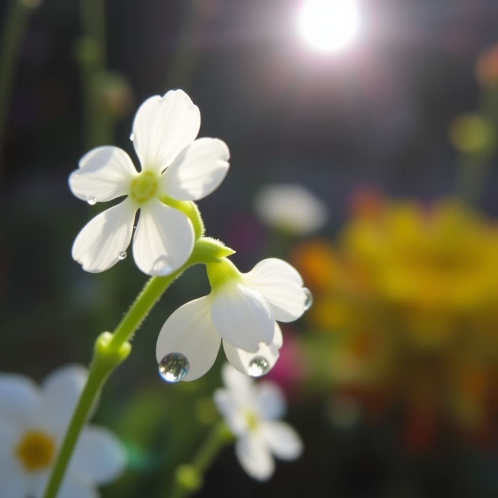 two small white flowers with water droplets on their petals