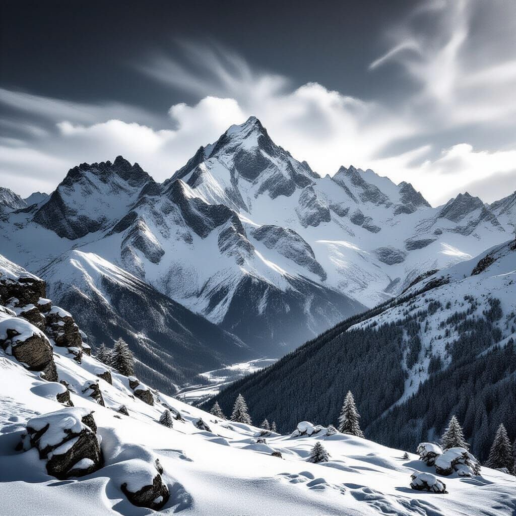 Dramatic Black and White Snowy Mountain Landscape