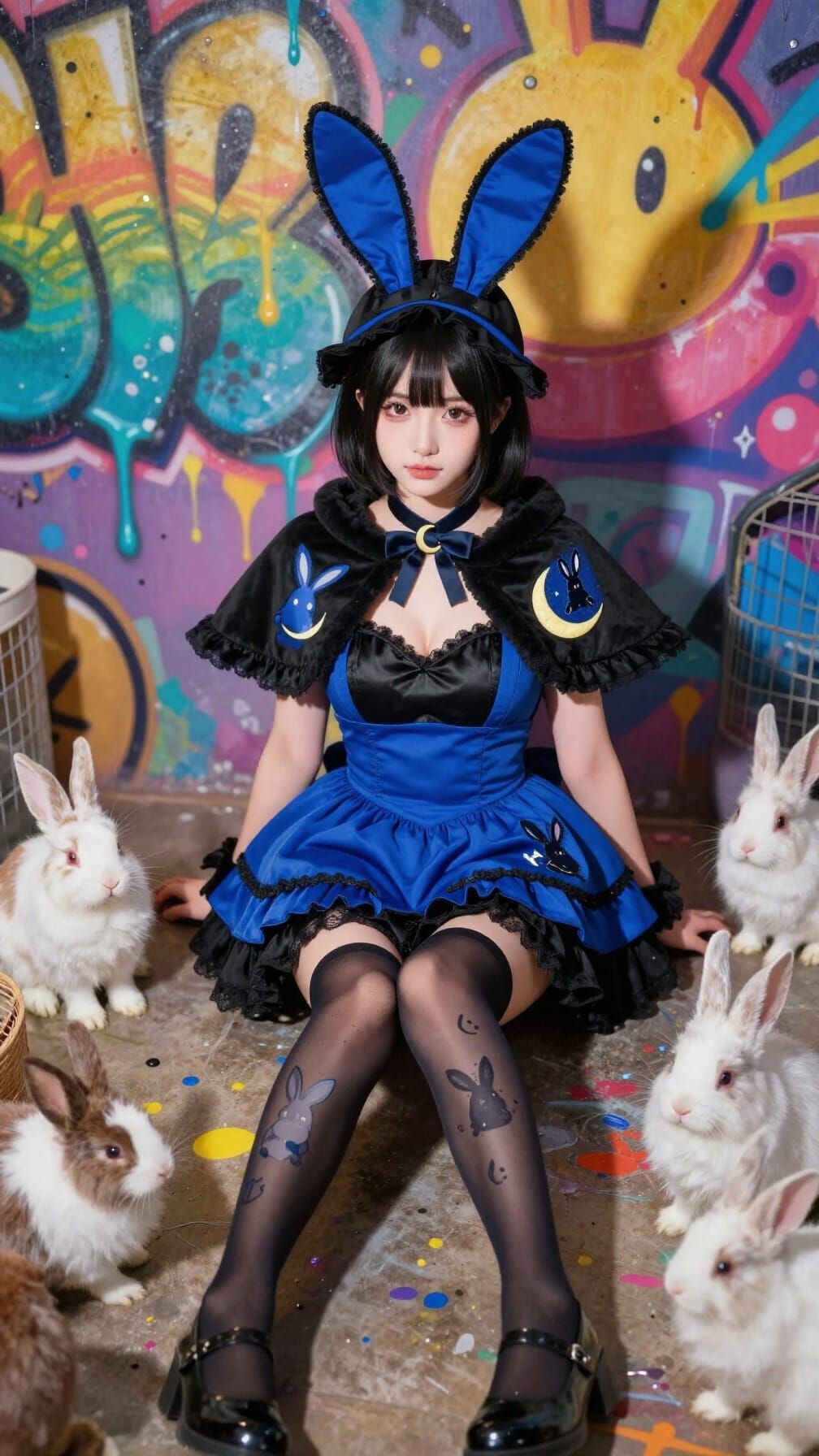 Thai Woman in Bunny Moon Outfit with Cute Bunnies