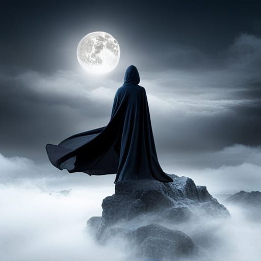 mystical wizard standing atop a moonlit cliff  by @Kshitij Bhanu