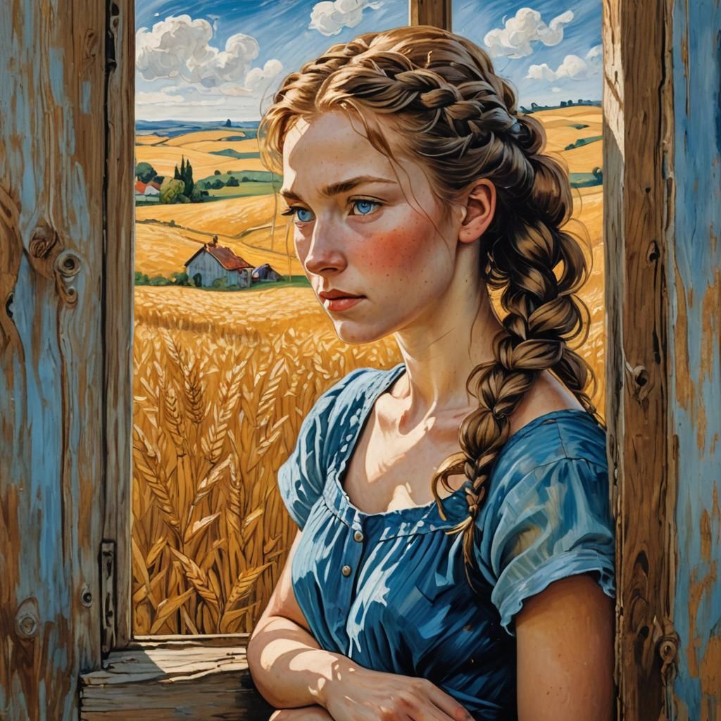 Imagine Oil painting of young girl with braided hair, with h...