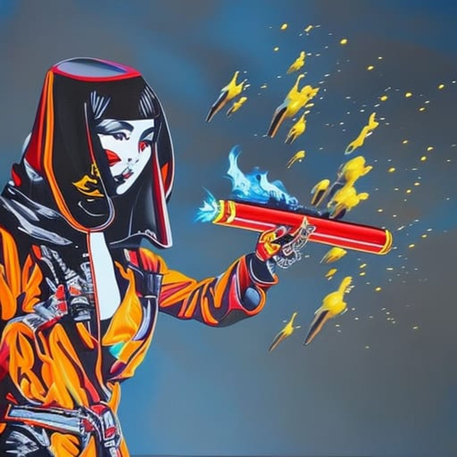 Futuristic south east Asian Lady and modern lighter with cigarettes in