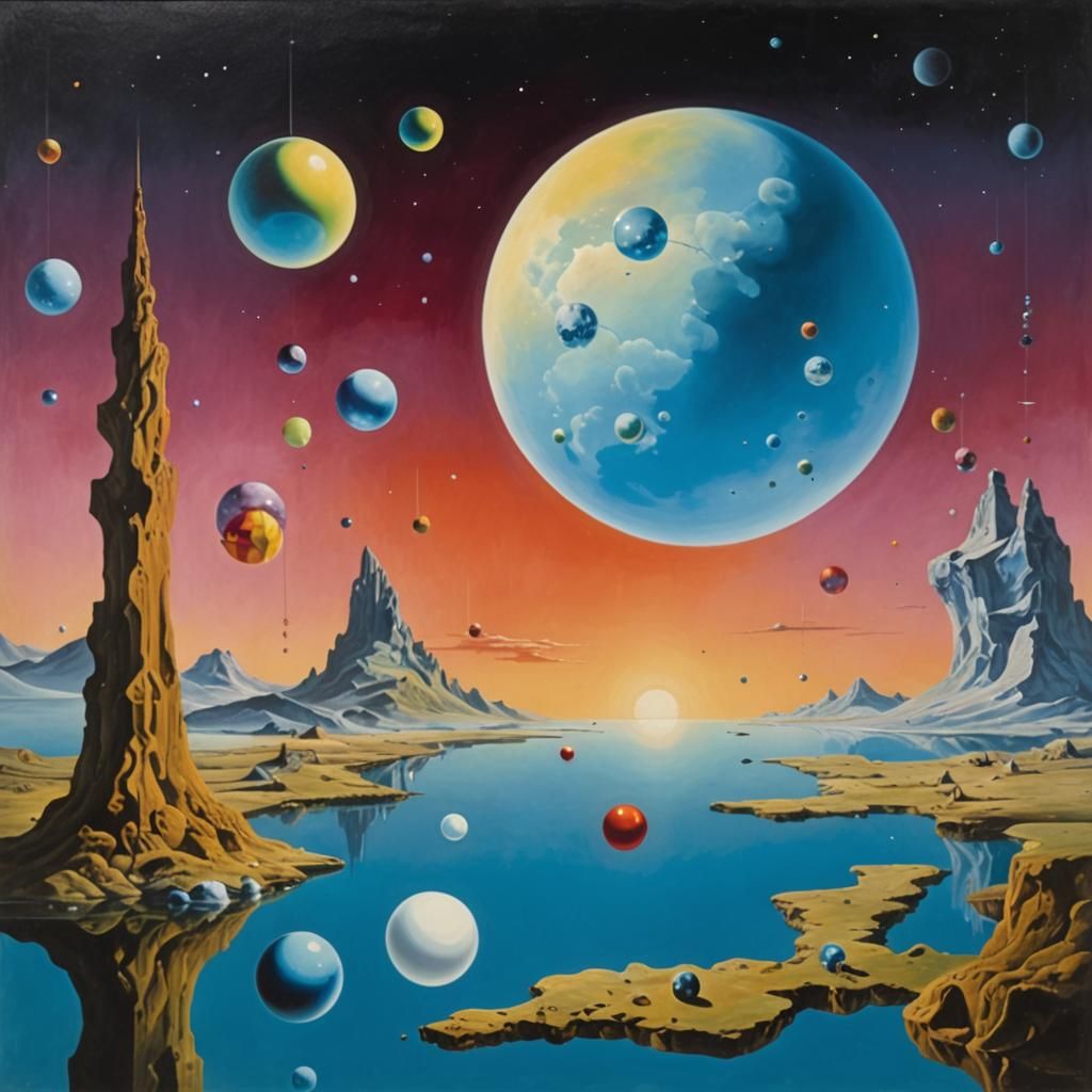 A surreal environment with floating cubes and spheres,