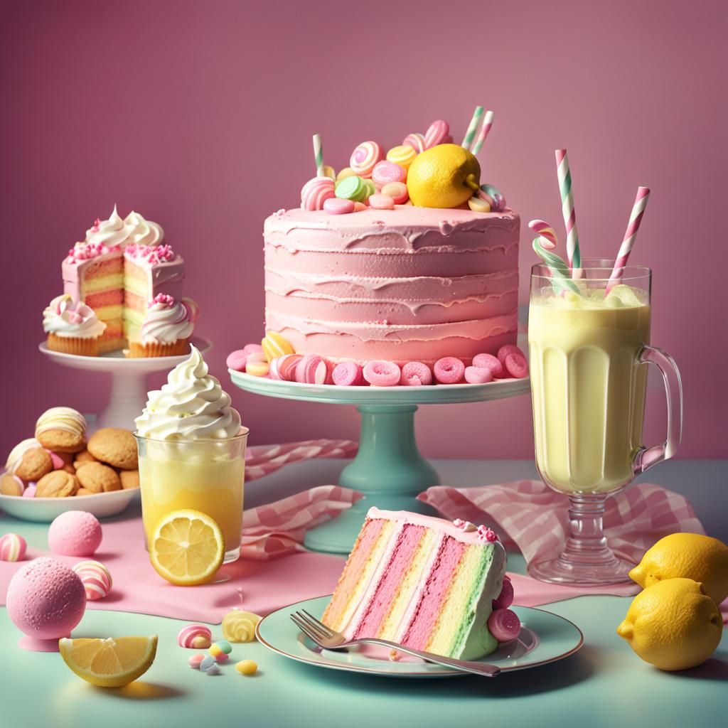 Still life, pink cake, lemonade, milkshake, ice cream, candi...