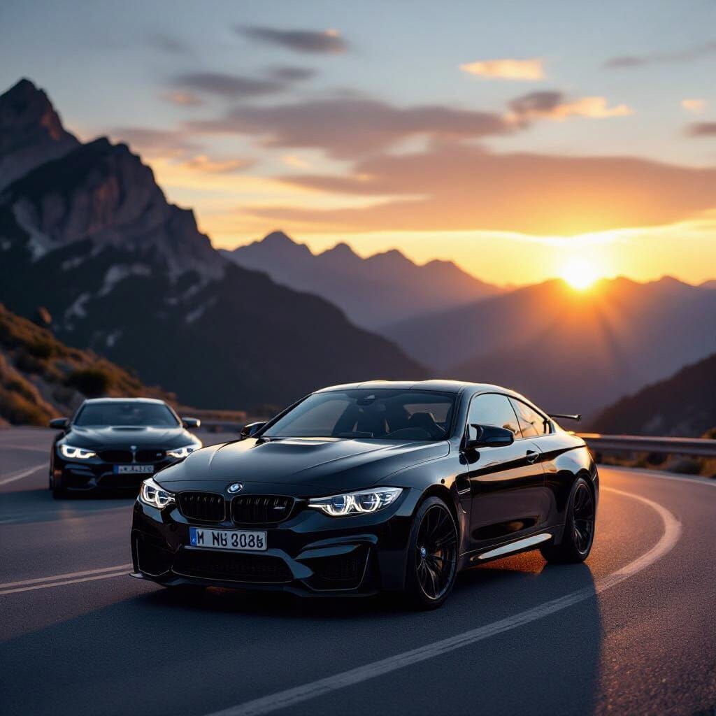 make a bmw m4 and a bmw m5 behind on a mountian road with sunset behind and make mountian closer 