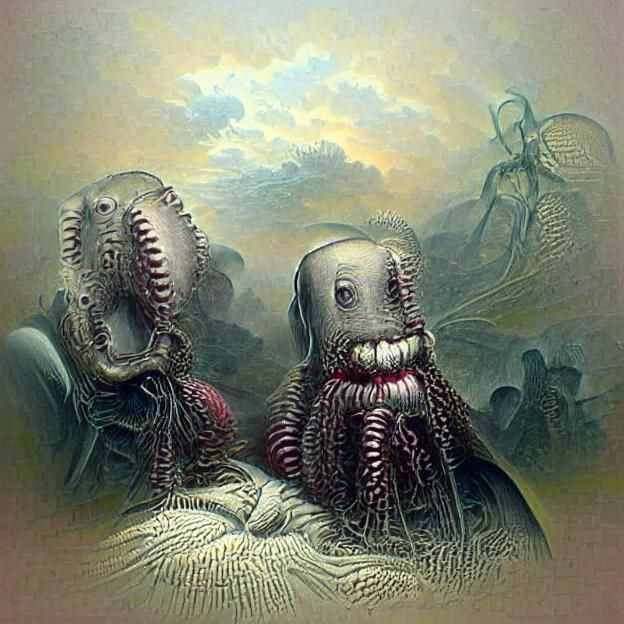 portrait of two robots with tentacles and wax teeth horror G...