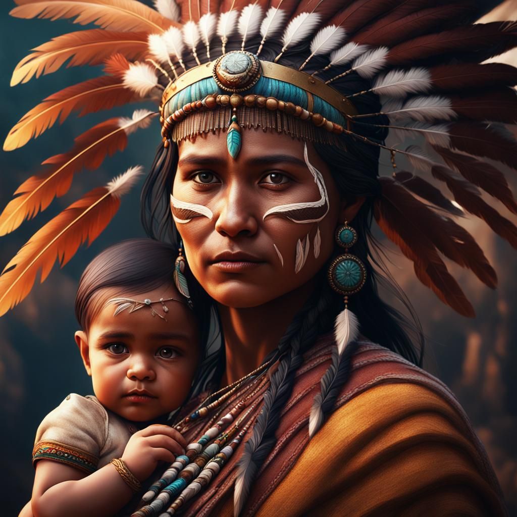 Native American Mother holding Baby with Feather Headpiece - AI