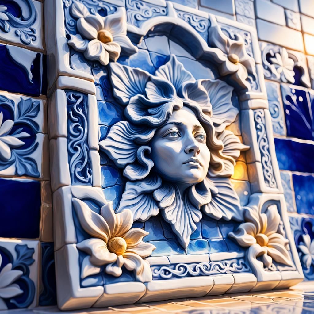 beautiful strair azulejos lux soleil couchant Hyperrealistic...