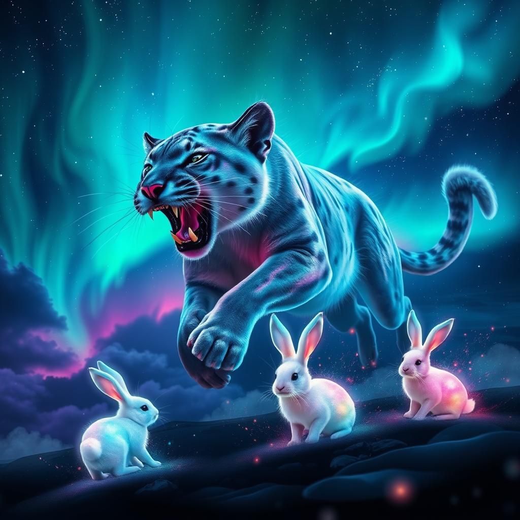 puma made of the northern lights chasing bunnies in the sky
