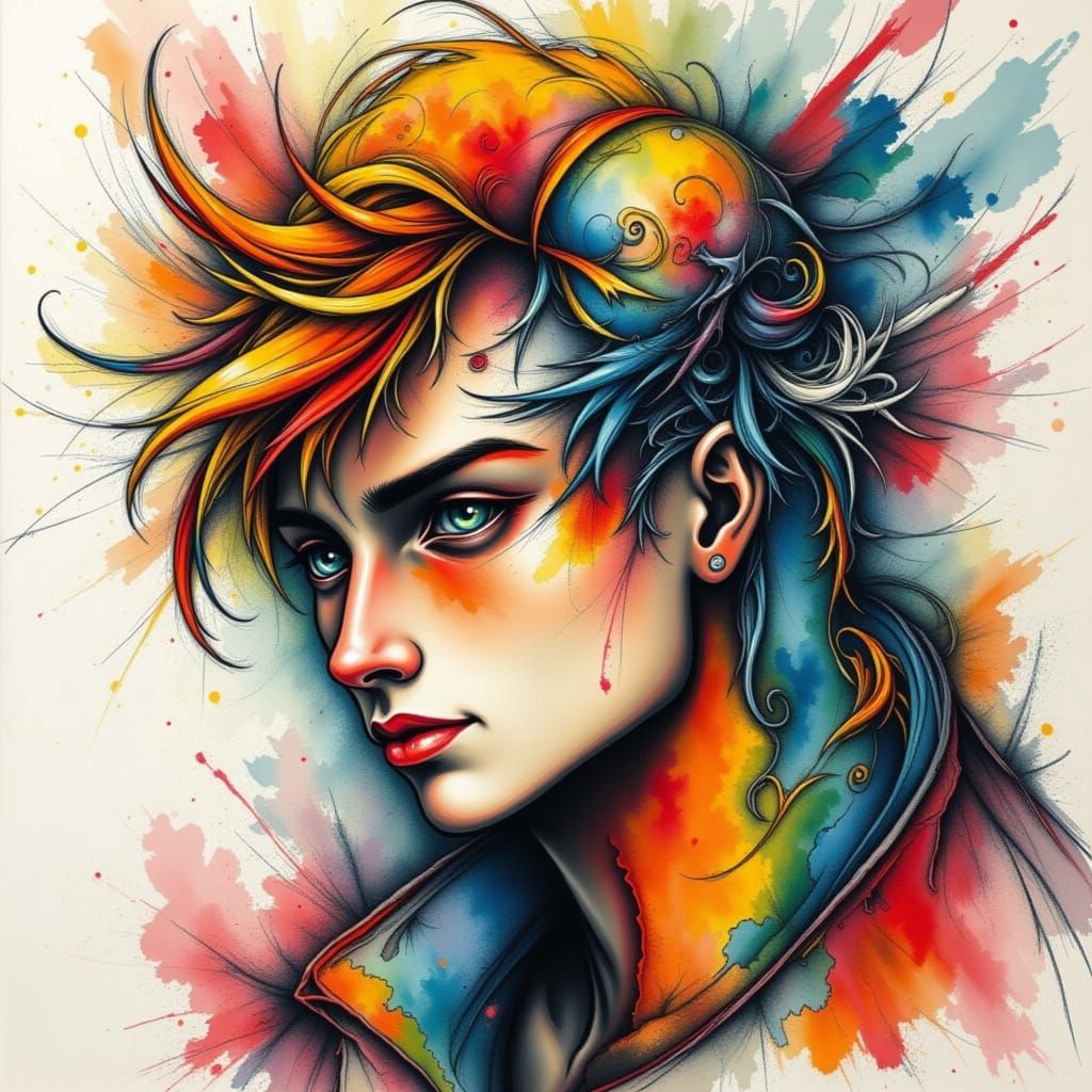 bold colored masculine abstraction using watercolor overlayed with dry brushed color chalk and dry brushed color charcoal, pointilism fracta...