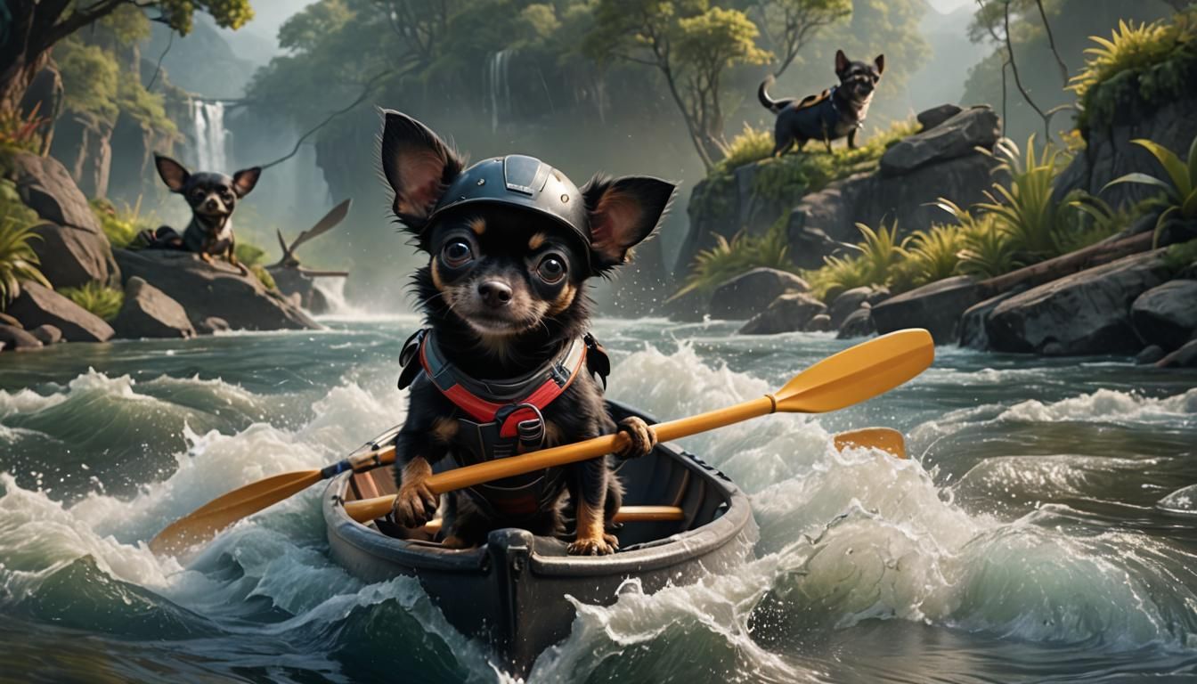 Little cute black chihuahua with helmet sits in a sport cano...