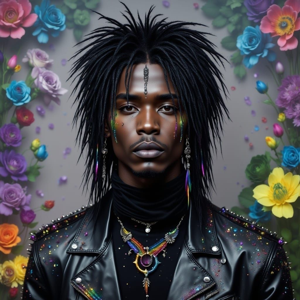 <lora:Special Intensity:1.0> Glamorous rainbow and black clothed black goth metalhead young man, glam rocker man, spikes, rainbow embroidery...