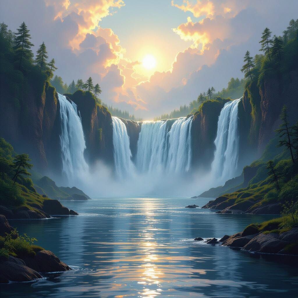 Serene Waterfall Landscape Digital Matte Painting