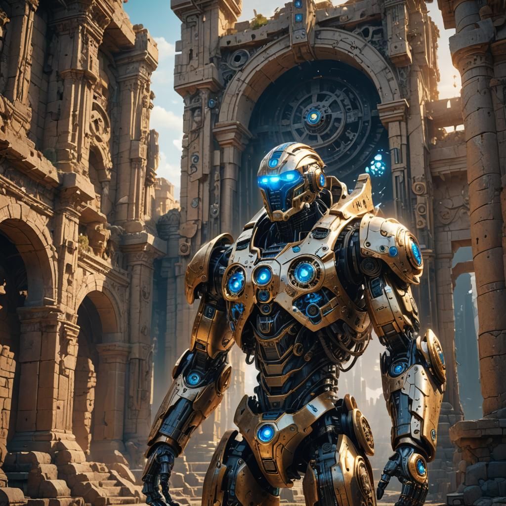 Robotic Guardian Among Ancient Ruins: Sci-Fi Concept Art