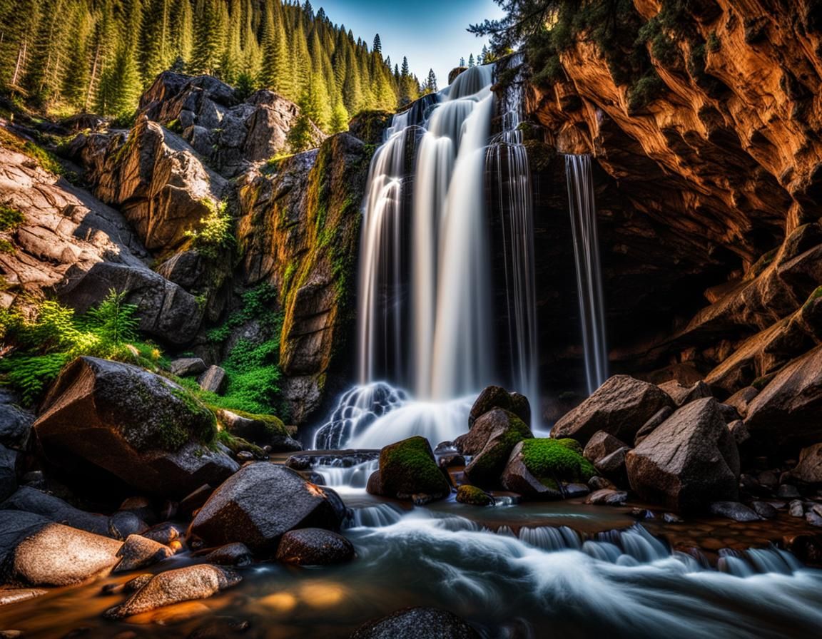 A waterfall in the mountains. intricate details, HDR, beautifully shot, hyperrealistic, sharp focus, 64 megapixels, perfect composition, hig...