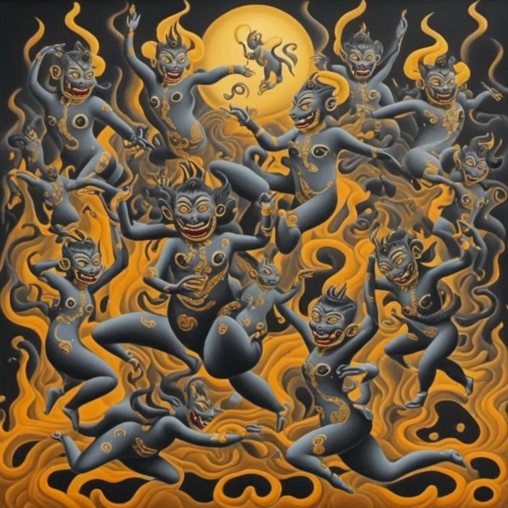 Balinese demons dancing in golden fire - AI Generated Artwork ...