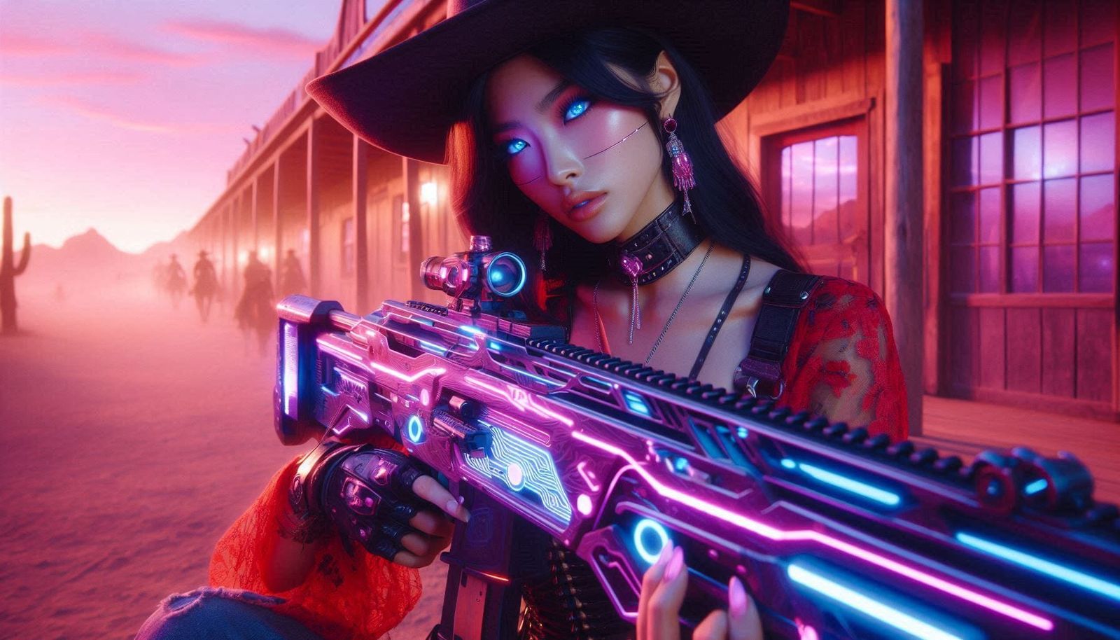 CyberDesertpunk Cowgirl Sniper presenting arms