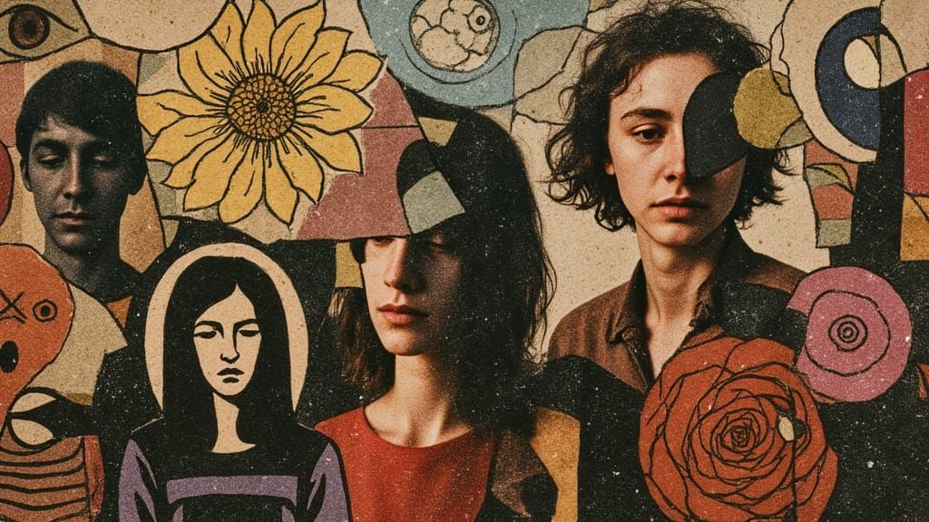 <lora:Mythprint:1.0>  mixed media surreal Elongated abstract absurd creatures in naive folk art attire dancing a conga line, adorned with vi...