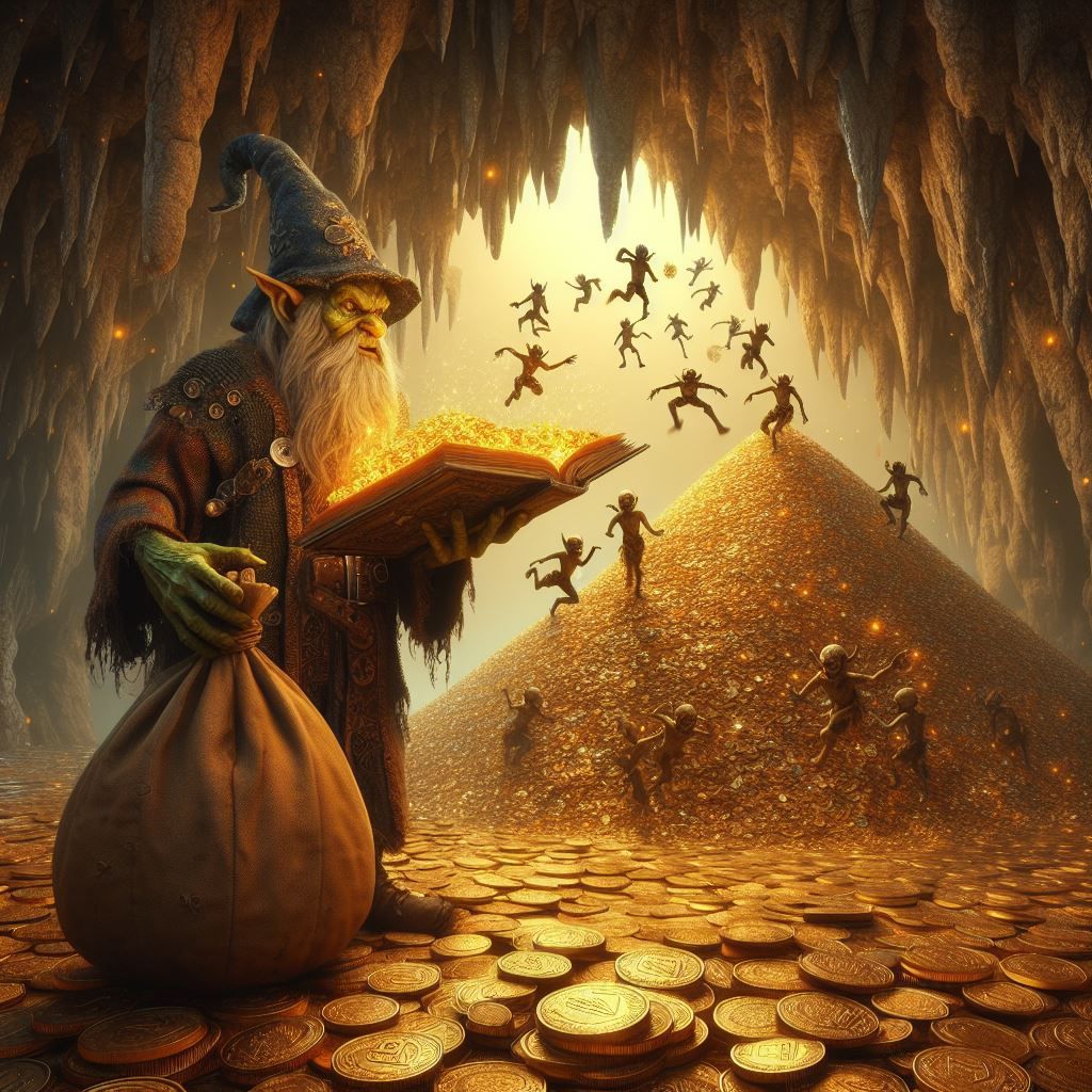 goblin wizard using magical  book to summon imps to collect treasure
