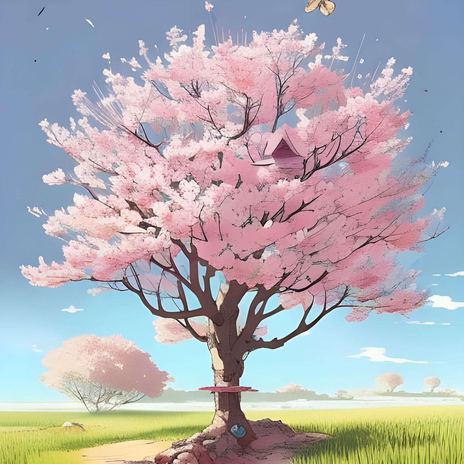Cute Cherry Blossom Tree in Ink Drawing Style