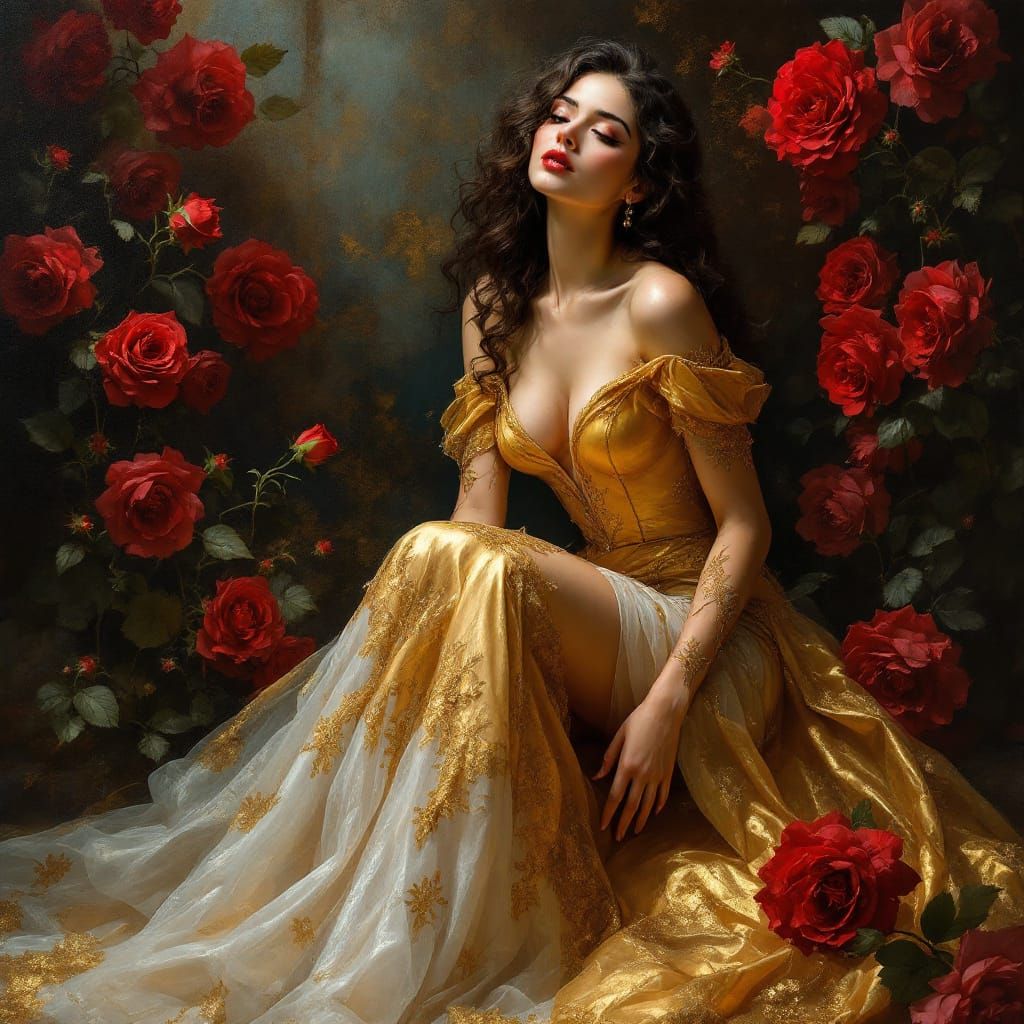 a painting in which a women is sitting in a golden golden dress with roses, in the style of realistic fantasy artwork, dark white and red, g...