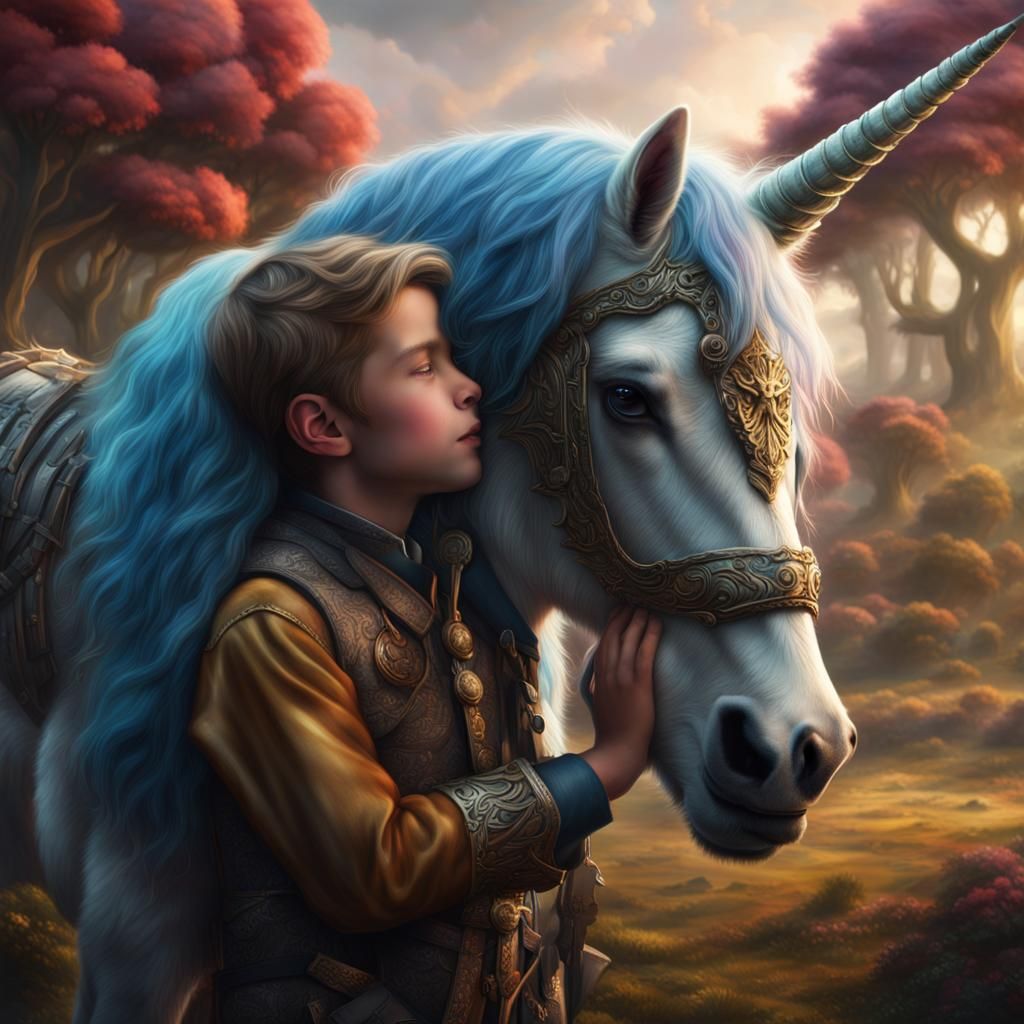 Long shot of a pet unicorn nuzzling the cheek of his boy  by @Frazer-Hambrick