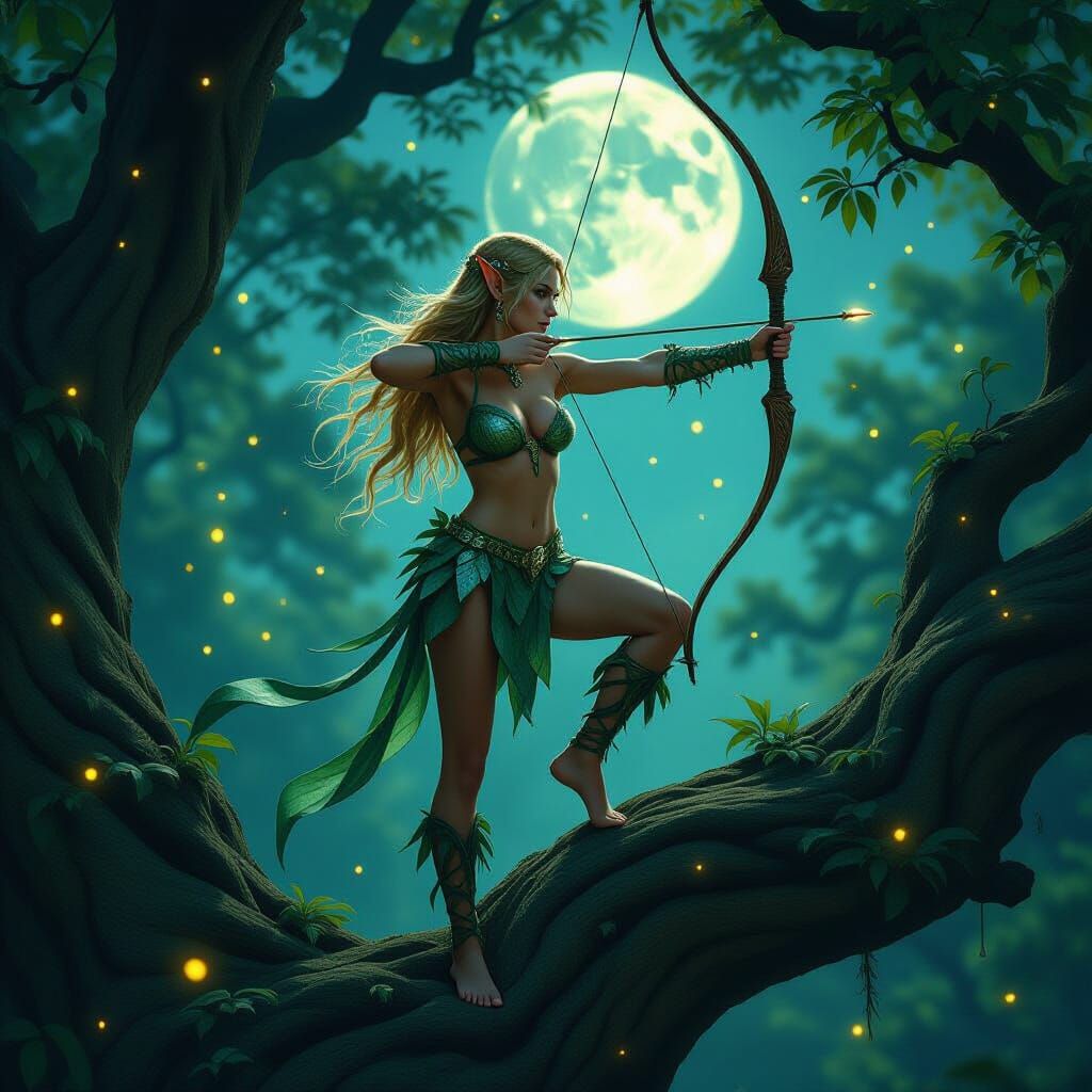 An elven archer of the moonlit woods balances lightly on the branch of a colossal tree, wearing a silver-green bikini of woven leaves. Her l...