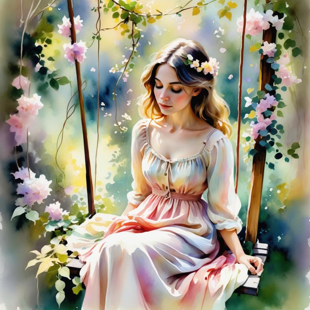 Flowering vines around a rustic wooden swing