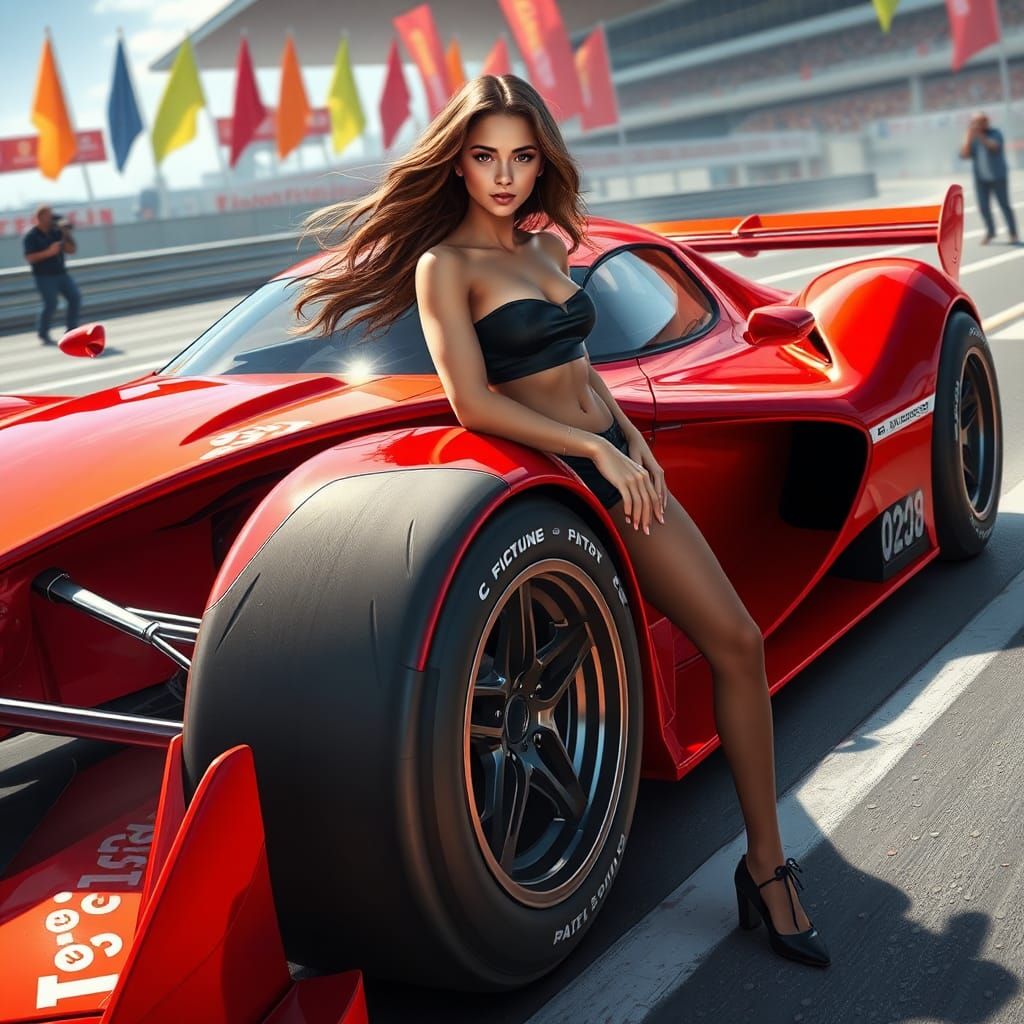 Fiery Red Race Car with Woman in Black Top