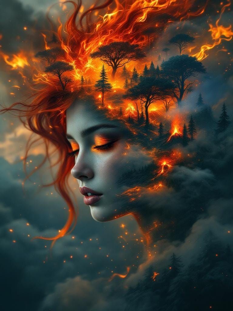 a surreal portrait of a woman with fire red hair, her face dissolving into a landscape of burning forests ...  by @Eliora 
