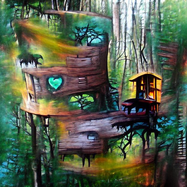 Treehouse in the deep dark sunlit forest (6) [acrylic art]