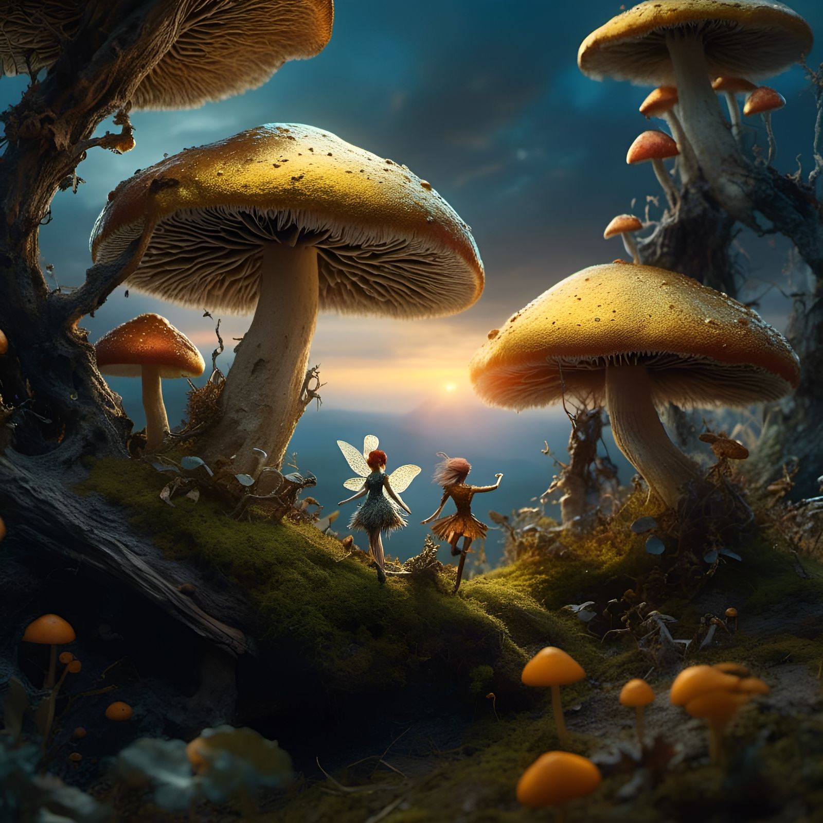 <lora:Forest Flora Focus:1.0> photo-realistic fairies dance and play, golden hour sunset, Epic cinematic brilliant stunning intricate meticu...