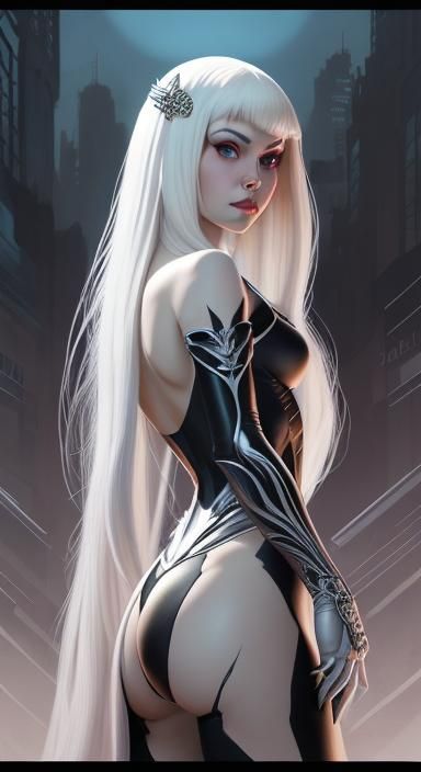 Pearl-white skin, long chrome hair, underground comix, Marve...