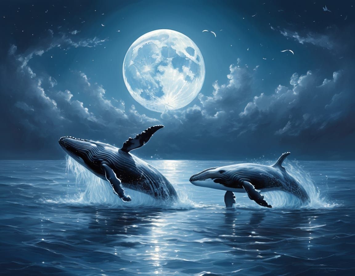  Stylized swimming Whales over the moon in the pale moon light with a soft lace of clouds   by @Sumikokeel