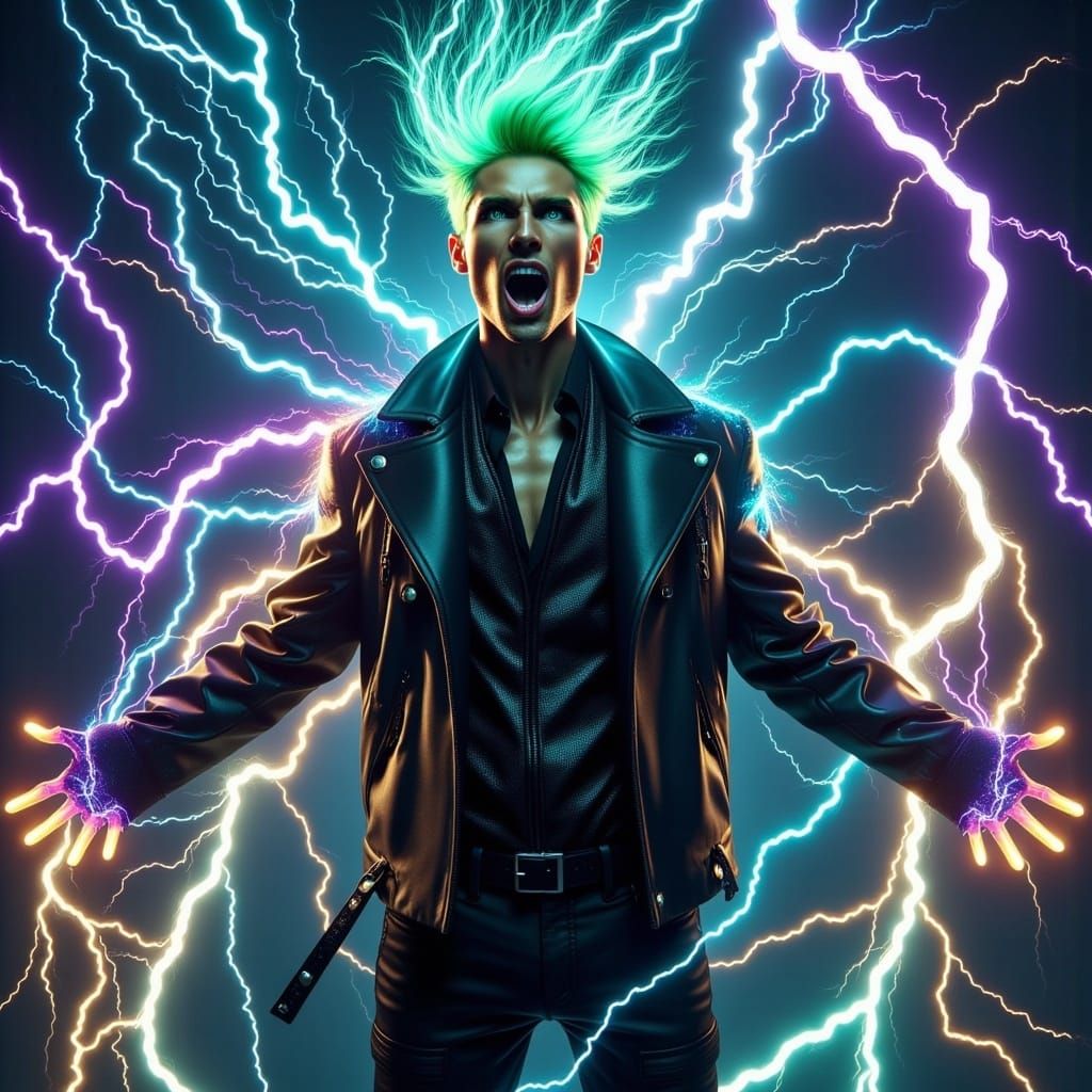 <lora:Electrifying:1.0>Handsome man electrifying in many colors, surrounded by a thunderstorm, glowing, neon, electric colors, green electri...