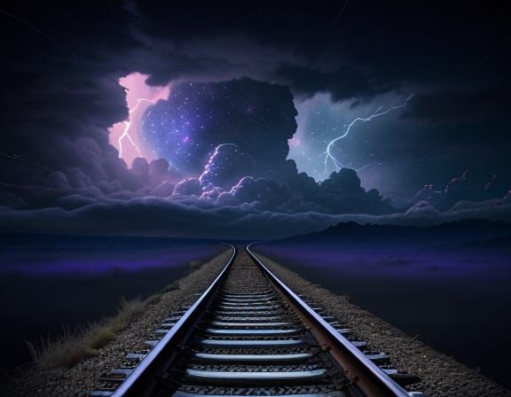 Cosmic Storm Over Endless Train Tracks in Hyper-Realistic Di...