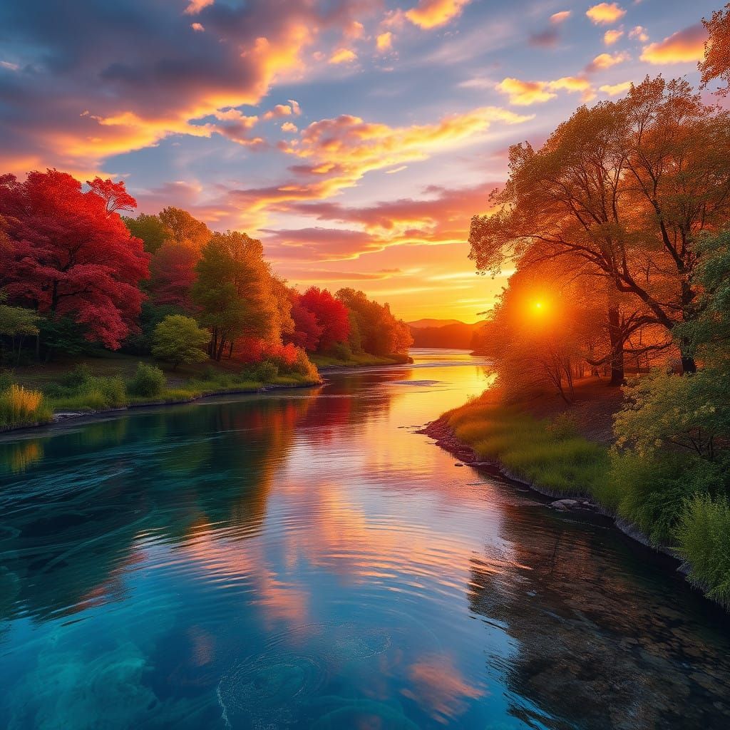 There is a river. The river is calm colors. On the banks there are rainbow trees --every type of tree ...  by @Amelia