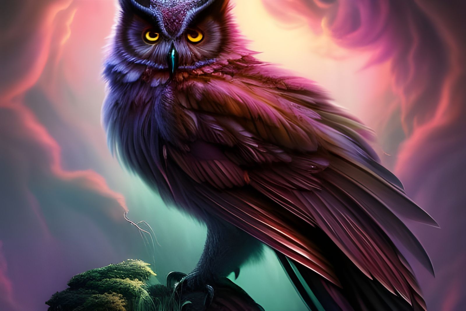 Rainbow Chibi Owl in Throne Room, Digital Art