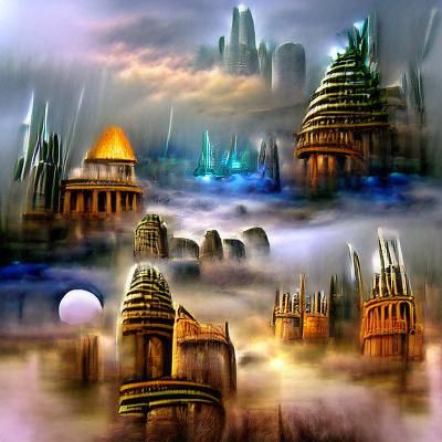 Mystical ancient cityscape fantasy scifi foreboding