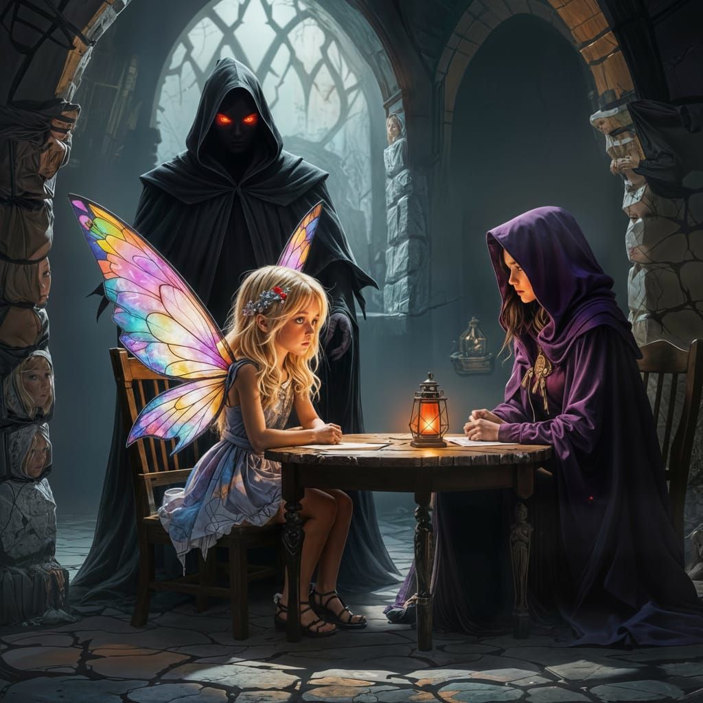 In the center of a dark stone room is a small wood table. On the table is a single red lantern. A young blonde girl with beautiful and color...
