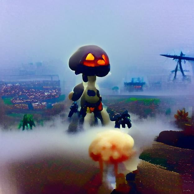 A spooky foggy warzone with a mushroom cloud in the backgrou...