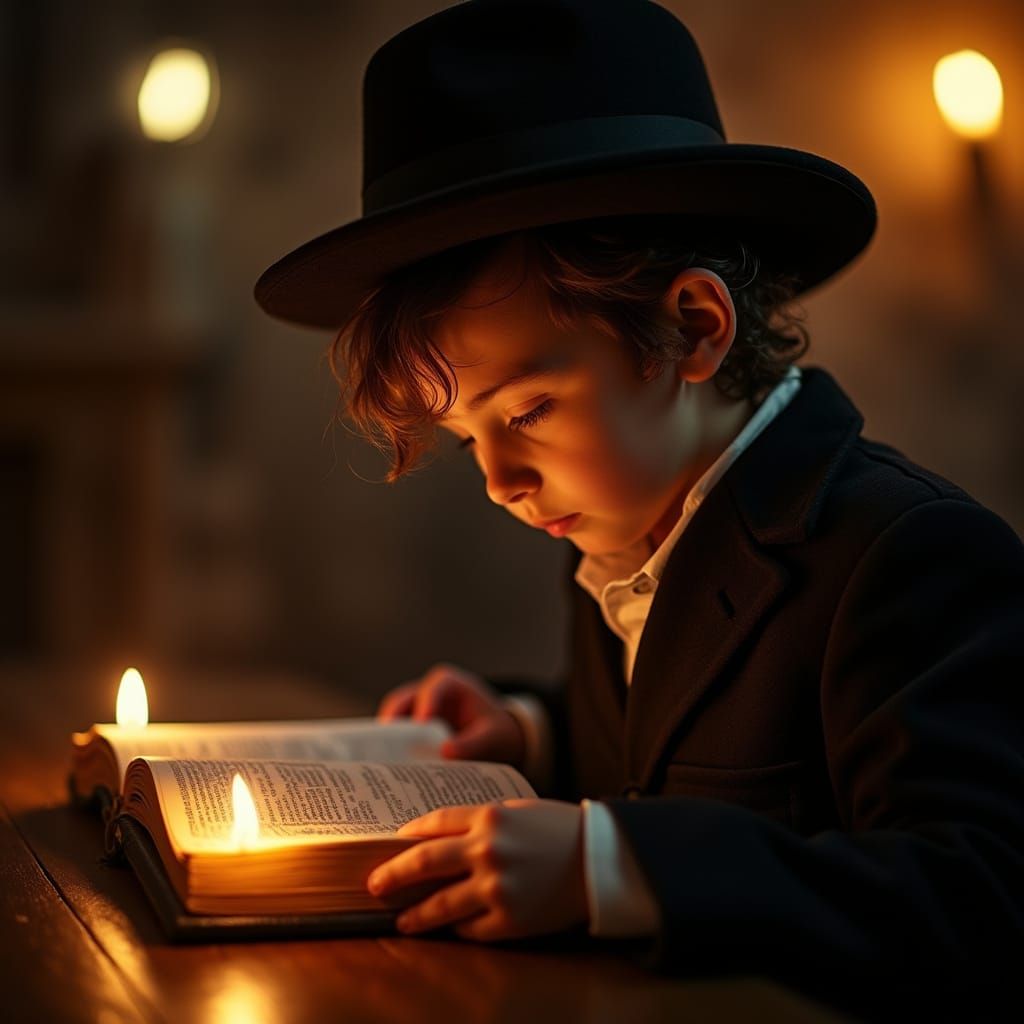 Hasidic Boy Studies in Golden Light, Beit Shemesh Israel