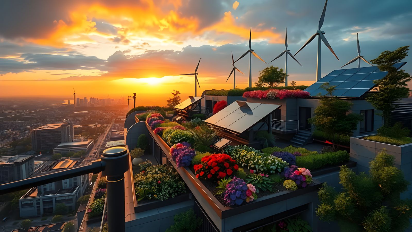 A rooftop garden city powered by solar panels and wind turbines.  by @KOSH