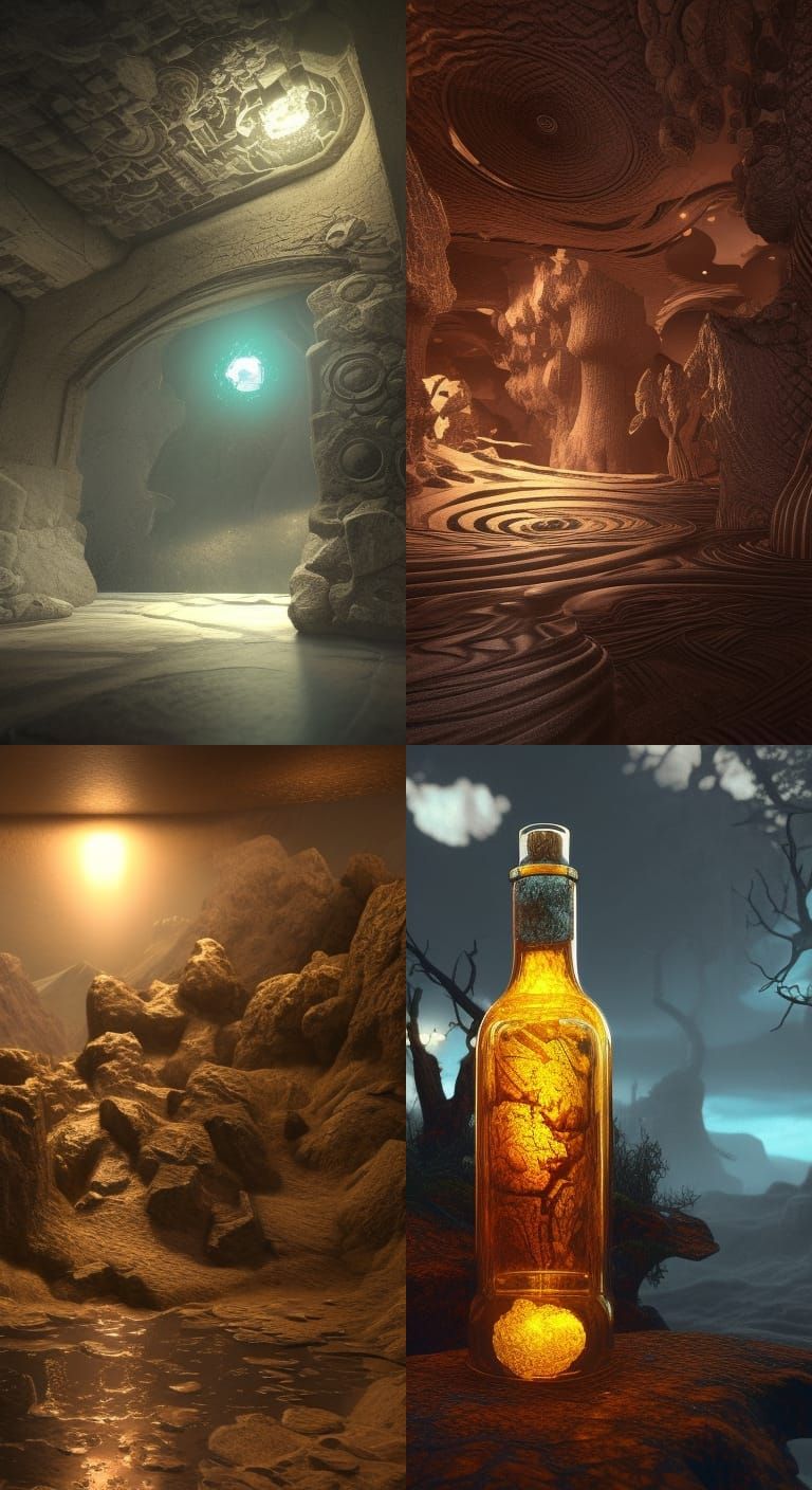 An intricate landscape trapped in a bottle, atmospheric ligh...