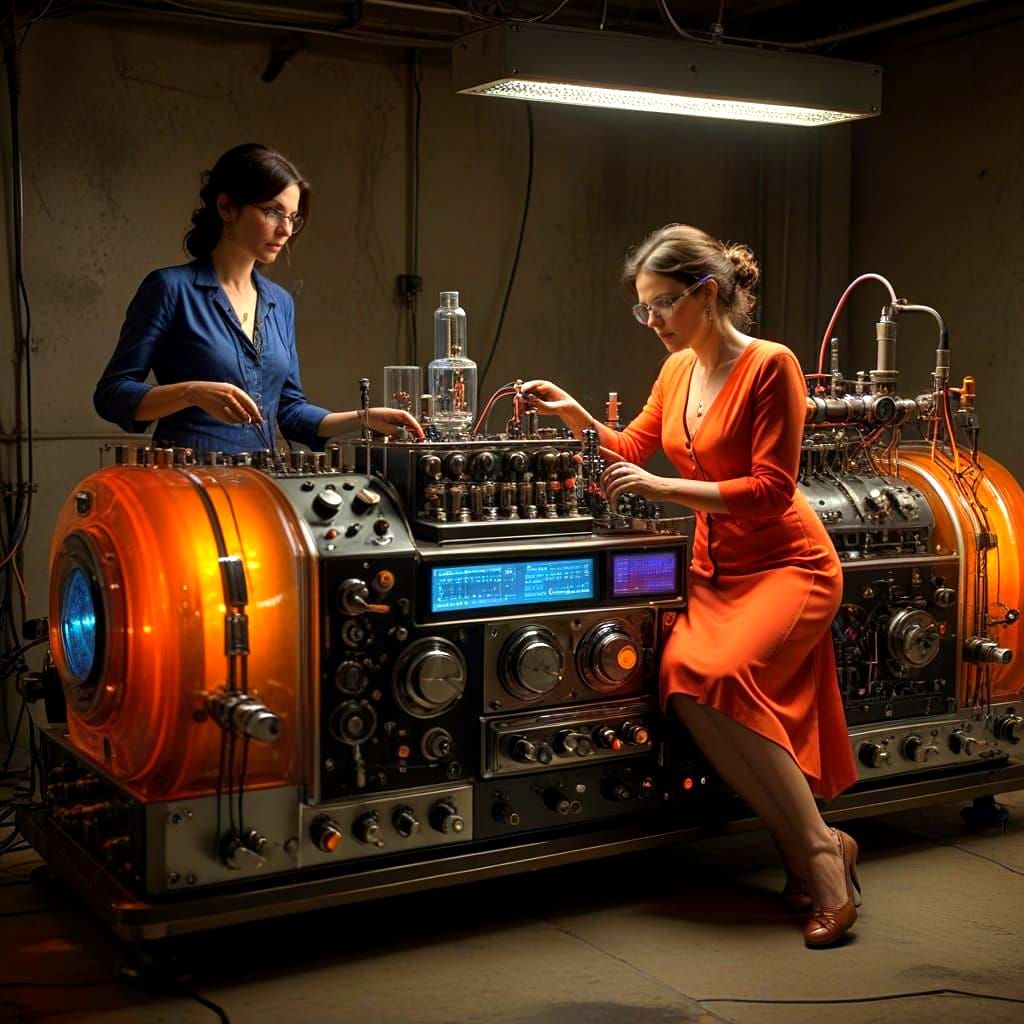 Surreal Woman Tinkers with Enchanted Scientific Instrument