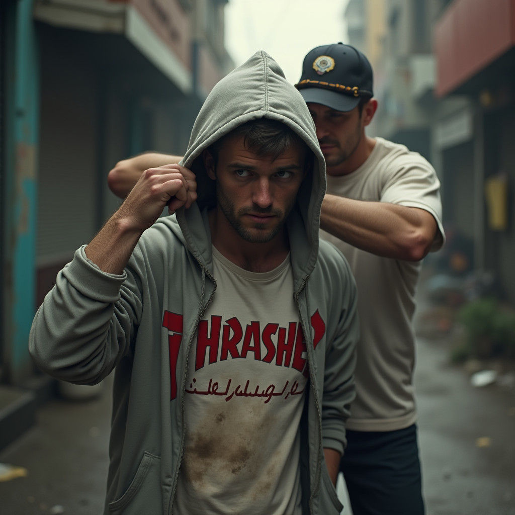 Create a realistic image of a drunk man in a light grey thrasher hoodie with underneath a white t-shirt. His hoodie is trashed and behind hi...