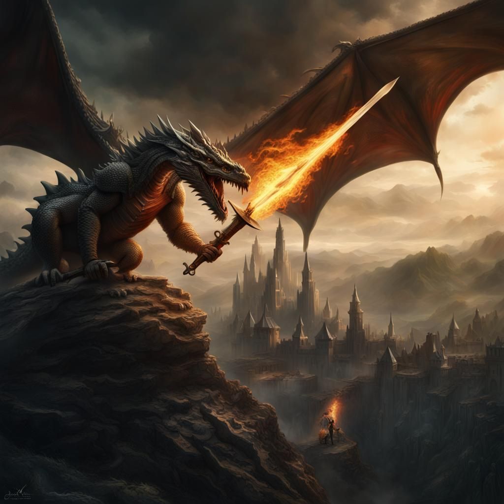 a cloaked soldier bare a sword to the neck of a dragon. The dragon is ...